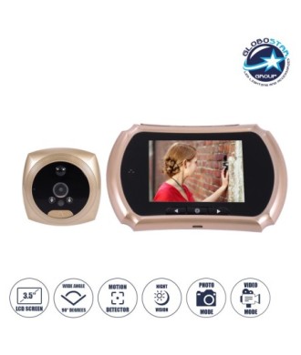 GloboStar® 86066 Επαναφορτιζόμενη Ψηφιακή Έξυπνη Camera Εξώπορτας 90° Μοιρών με Έγχρωμη Οθόνη 3.5" Inches - USB - Νυχτερινή Όραση με LED IR - Κουδούνι - Χρυσό